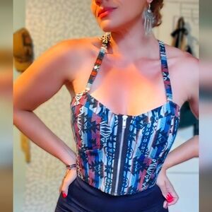 Print Top Front Zipper Cross Back